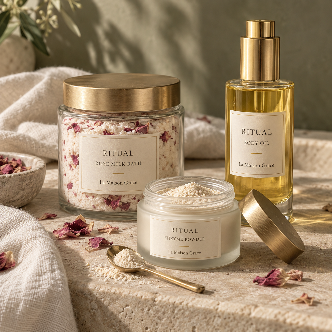 Ritual product concept with enzyme powder, rose milk bath, and body oil in glass containers with gold lids.